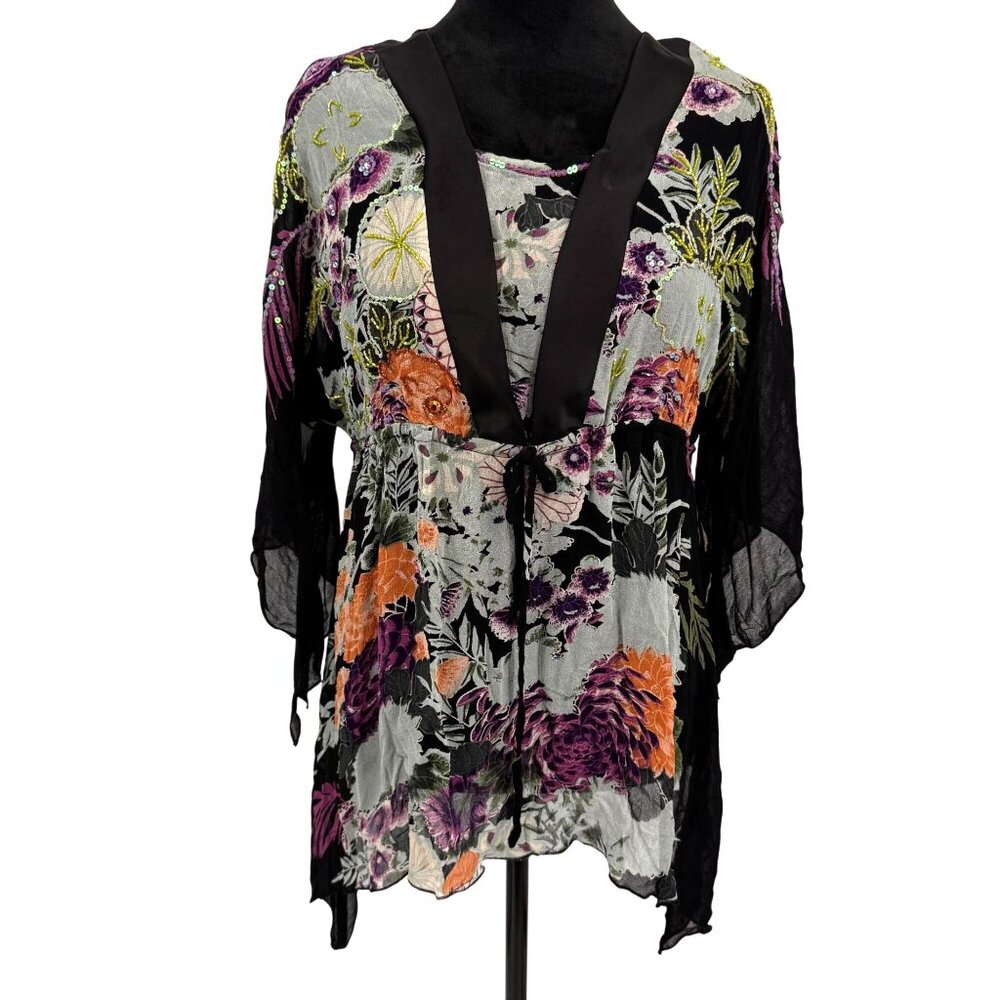 La Cera Womens Top M‎ Black Floral Beaded Asymmetrical Witchy Boho Fairy Grunge